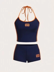 SHEIN ICON Damen Y2K Sommer Outfit aus Sport Colour Block Biker-Core Stickerei Top ohne Ärmel und Shorts mit tailleniederem Bund