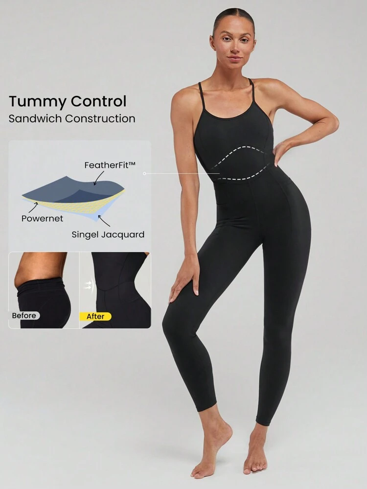 Mono Bodysuit Ajustable Con Control De Abdomen Y Soporte Ligero Para Estudios De Yoga De Bajo Impacto, Espalda En U Con Bolsillo, Featherfit™ 26"