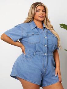 SHEIN CURVE+ Plus Size Denim Short Sleeved Romper, Casual Loose Blue Summer Outfit