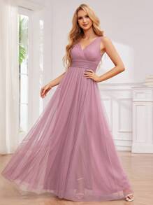 Elegant Deep V-Neck Split Back Bridesmaid Dress For Wedding - Dusty Pink - View 1