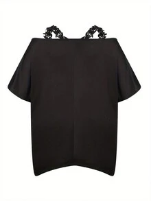 Plus Size Women's Asymmetrical Lace Trim Solid Color Fashion Short Sleeve T-Shirt, Spring/Summer/Fall - Black - View 2