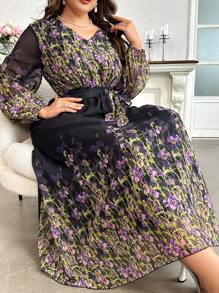 Modelyn Váy tay đèn lồng in hoa cỡ lớn có thắt lưng, váy thanh lịch cho khách dự tiệc cưới/dịp/lễ/tiệc tối - màu đen - Xem 1