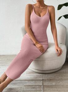SHEIN Clasi 夏季纯色长款紧身吊带毛衣连衣裙 - 藕粉色 - 查看 4