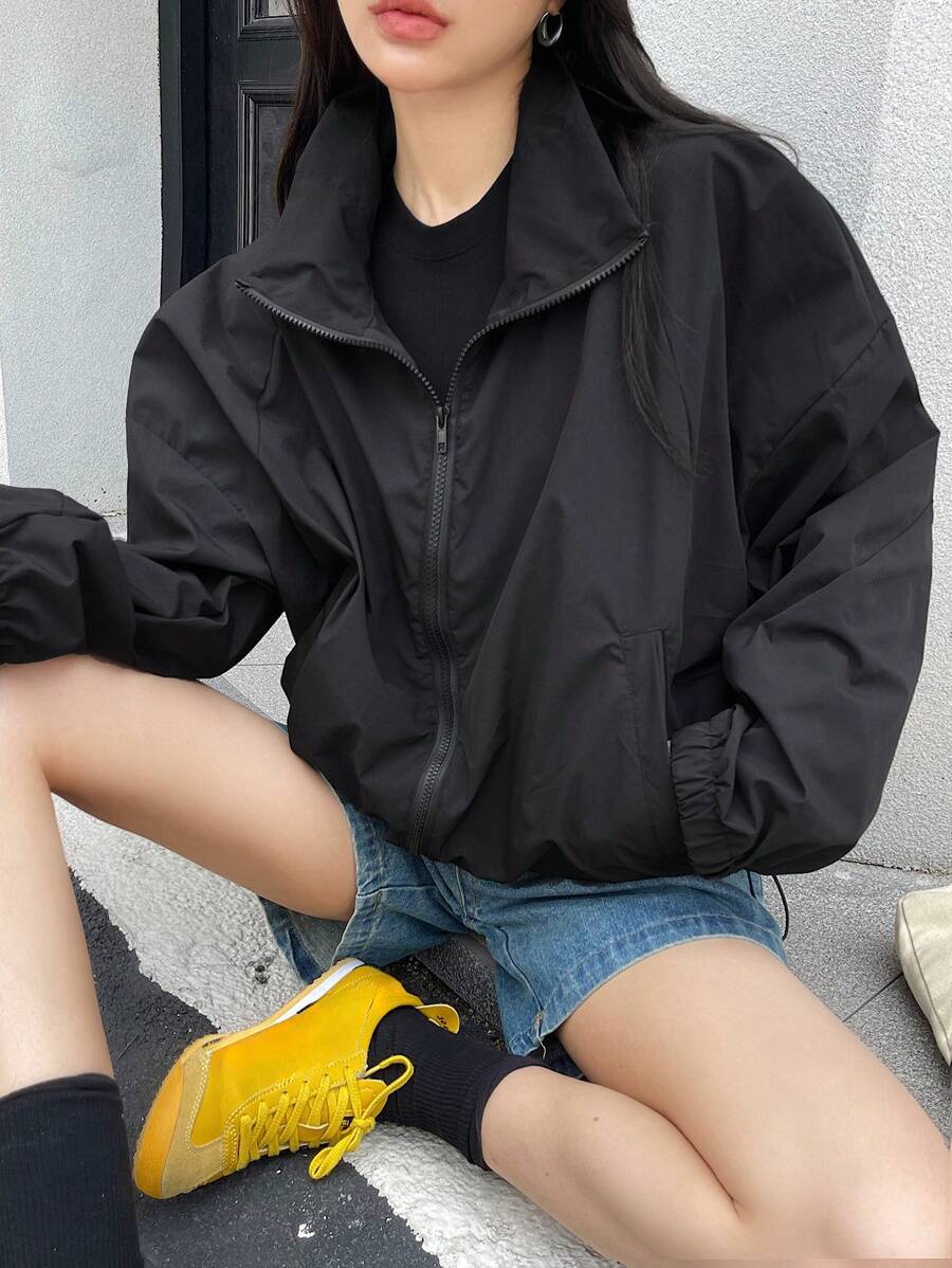 DAZY 拉链抽绳下摆落肩夹克，秋装