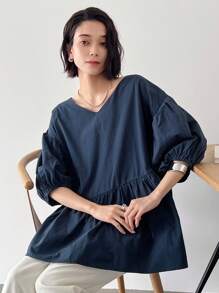 FRIFUL 纯色泡泡袖荷叶边衬衫 - 藏蓝色 - 查看 2