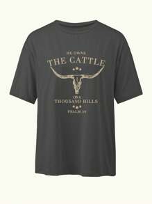 INAWLY Western Faith Letter Print Round Neck Short Sleeve Casual T-Shirt HE OWNS THE CATTLE ON A THOUSAND HILLS PSALM 50 Graphic Tees Women Tops