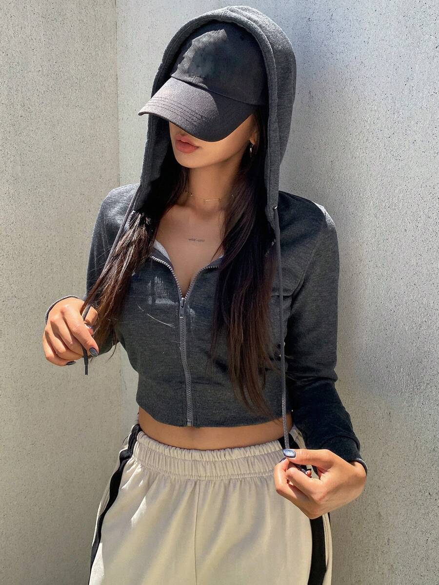 DAZY Jaqueta com Capuz e Cordão, Moletom de Roupas de Outono - Cinza - Visão 1