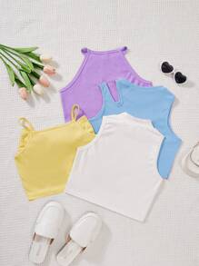 SHEIN Top de tirantes de colores pastel cómodo y casual, paquete múltiple para niñas preadolescentes - Azul - Ver 2