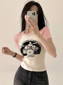 DAZY 字母圖形拼接拉甘袖T恤 - 粉色 - 查看 5