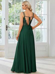EVERPRETTY Spring Solid Color Simple Ruched Criss-Cross Backless Green Bridesmaid Dress, Wedding Guest Dress - Dark Green - View 4