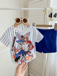 Bubblio Bộ quần short ngắn tay cho bé trai và bé gái mùa hè họa tiết hoạt hình sọc ngắn tay - Nhiều màu - Xem 7