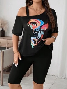 SHEIN LUNE 加肥大尺碼圖形不對稱領T恤和摩托車短褲 - 黑色 - 查看 6