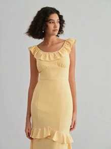 MOTF STUDIO SOLID RUFFLE TRIM LAYERED HEM BUSTIER DRESS - Yellow - View 6