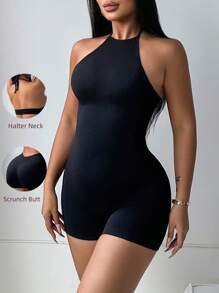 VaVaBold 無縫針織緊身連體褲，領掛設計 - 黑色 - 查看 1