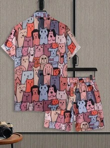 Manfinity Hypemode Men's Printed Single-Breasted Vacation Style Short Sleeve Shirt And Shorts Set