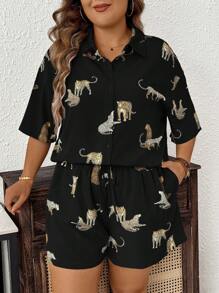 SHEIN LUNE Plus Leopard Print Drop Shoulder Blouse & Shorts, For Summer - Black - View 3
