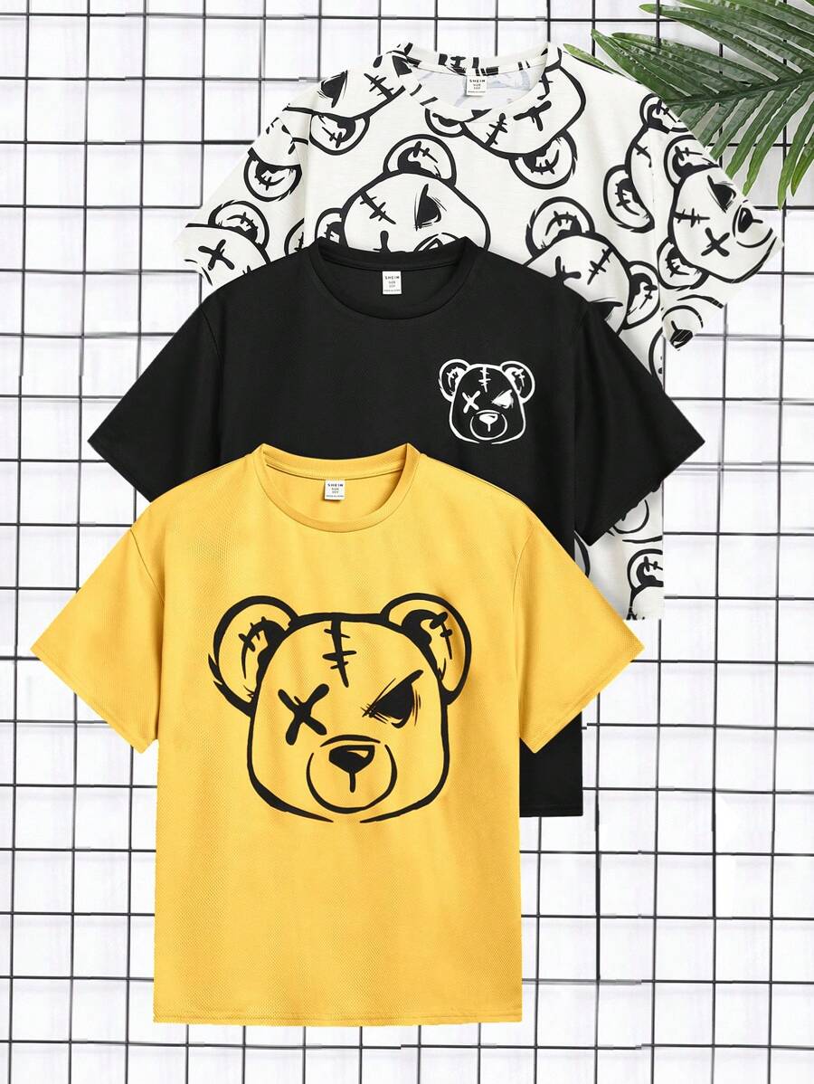 SHEIN Leap Crew 青少年男孩休閒熊印短袖T恤3件套/組 - 黃色 - 查看 1