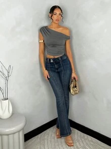 SHEIN BAE 女士實色拼摺不對稱斜肩夏季上衣 - 深灰色 - 查看 3