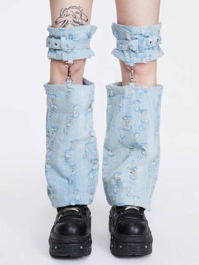 Goth 1 par de calentadores de piernas de mezclilla con diseño rasgado de estilo milenario, calentadores de piernas acampanados de estilo retro con patchwork, que muestran un estilo delgado y personalizado de Y2K, punk y dulce