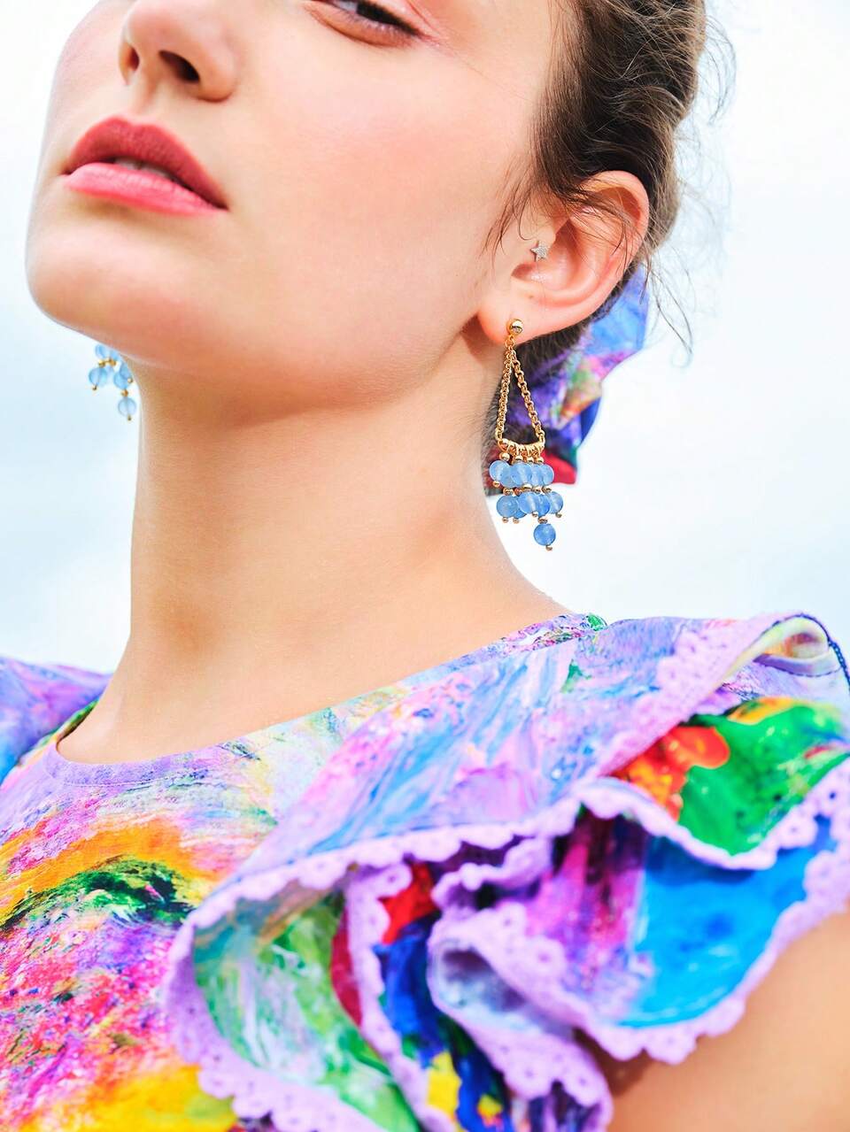 MOTF 18K FASHIONABLE GOLD NATURAL BLUE STONE CHAIN TASSEL DANGLE EARRINGS