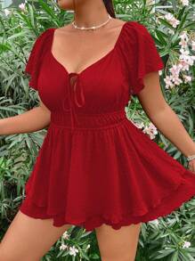 Flirla Bộ đồ liền thân hai lớp cổ trái tim màu trơn mùa hè cỡ lớn cho nữ, thắt nơ phía trước, cạp chun đơn giản, mặc ngày lễ năm mới - Đỏ - Xem 5