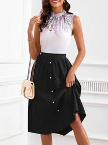 SHEIN Clasi 花卉印花立領無袖上衣及鈕扣前裙子