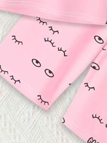 Bộ Pajama vừa vặn vừa vặn cho trẻ em, áo thun ngắn tay in họa tiết mắt và quần short mặc ở nhà của Tween Girls, thích hợp cho mùa xuân và mùa hè, đồ ngủ - Hồng - Xem 5