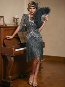 Váy Flapper cổ điển LVNES thập niên 1920 Váy tua rua đính hạt sequin Váy dự tiệc Váy dự tiệc cưới - màu đen - Xem 4