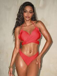 SHEIN Swim Damen einfarbiger Kreuz-Träger-BH & Bikini-Hose, sexy rotes Bikini-Set für Strandurlaub im Sommer - Rot - Übersicht 6