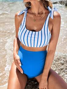 SHEIN Maternity Striped Tie Shoulder Bikini Set For Summer Beach - Baby Blue - View 5