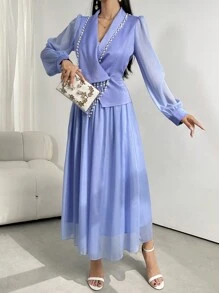 Modelyn Top și fusta din perle artificiale solide - Bleu - Vizualizare 4