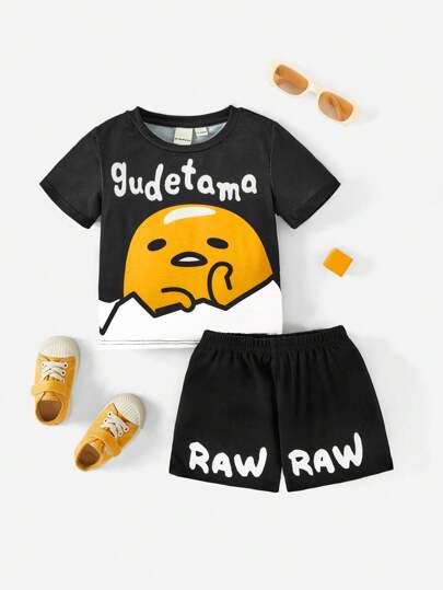 Gudetama X SHEIN Baby Boy Funny Cartoon Egg Pattern Black Round Neck Short Sleeve T-Shirt And Letter Printed Shorts Set, Summer