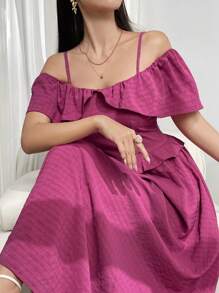 Mulvari Women's Solid Color Pleated Lace Trim Spaghetti Strap Off-Shoulder Sleeve Elegant Summer Dress