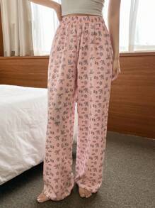 DAZY Pantalones de salón impresos con conejito lindo para mujeres, pantalones casuales para estar en casa - Rosa Pálido - Ver 1