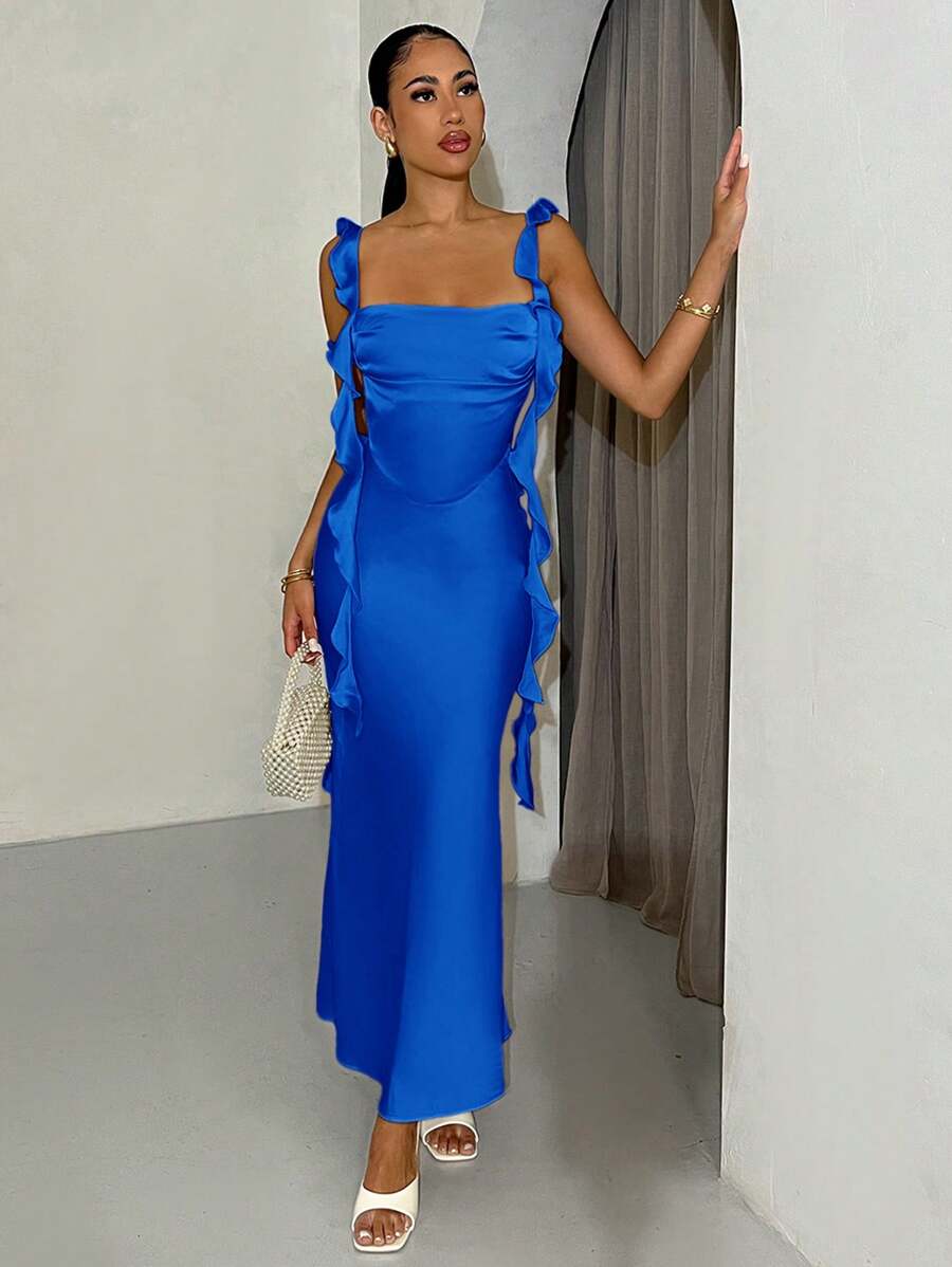 SHEIN BAE 海军蓝女士细肩带露背垂领连衣裙，喇叭下摆，适合海滩度假、毕业典礼、婚礼派对 - 寶藍色 - 查看 1