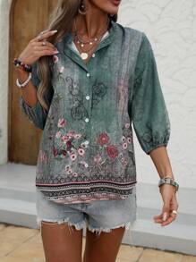 女士复古花卉印花度假休闲衬衫