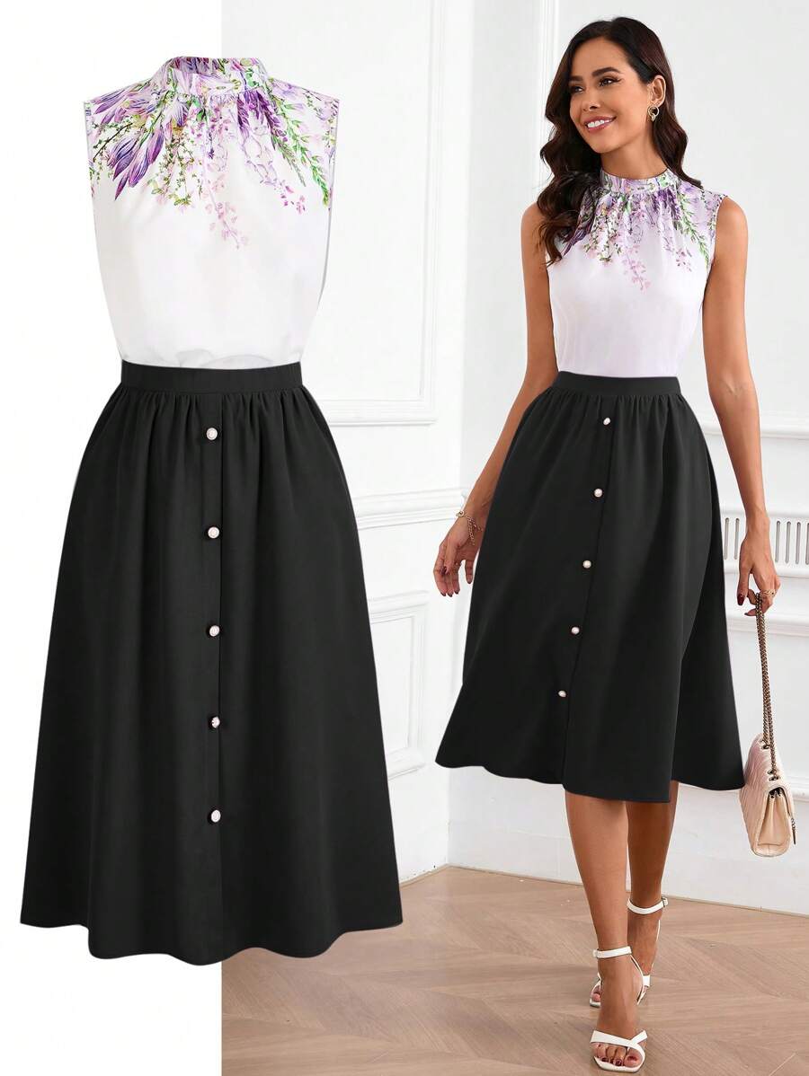 SHEIN Clasi 花卉印花立領無袖上衣及鈕扣前裙子