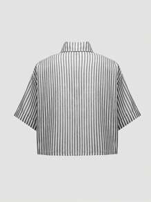 Elamini Áo sơ mi ngắn tay dáng rộng thời trang sọc crop có cổ tay cuộn cho nữ - màu đen - Xem 2