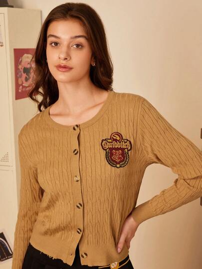 HARRY POTTER X SHEIN 女士校園風刺繡撥扣針織開衫，秋冬毛衣外套