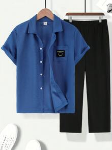 SHEIN Ensemble chemise à manches courtes bleue et pantalon en tricot noir pour garçons pré-adolescents - Bleu azur - Voir 3