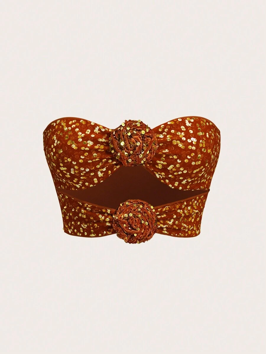 Sweetina Women Cut Out Sequin Decor Tube Top - Orange - View 1