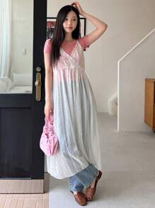 DAZY Robe de soleil transparente à bretelle, robe décontractée de femme avec bord en dentelle unie et à pois