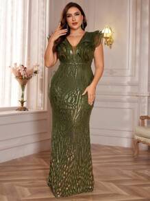 Plus Size Ombre Sequin Splice Organza V-Neck Ruffle Hem Fitted Mermaid Women's Formal Evening Prom Dress Wedding Guest Gown, For Graduation, Dinner Party Dress - 橄欖綠 - 查看 1
