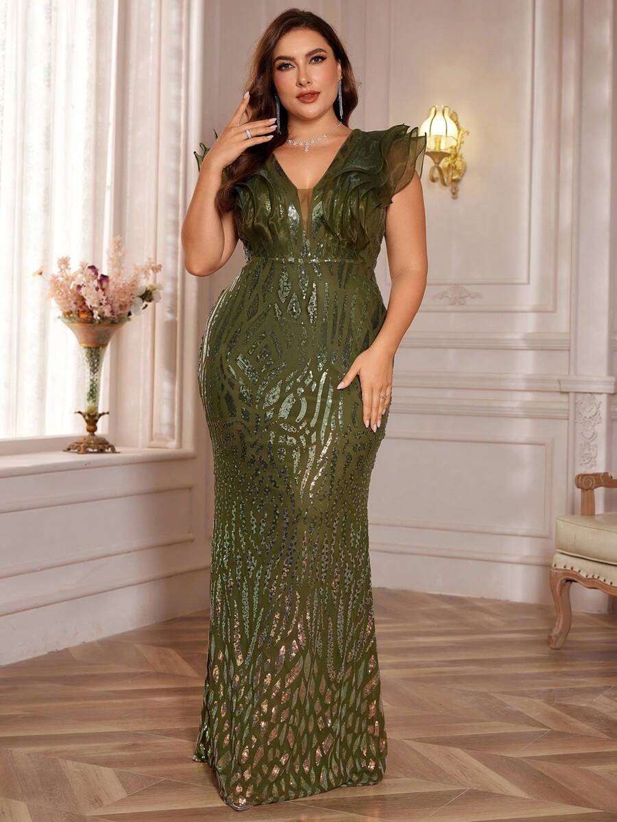 Plus Size Ombre Sequin Splice Organza V-Neck Ruffle Hem Fitted Mermaid Women's Formal Evening Prom Dress Wedding Guest Gown, For Graduation, Dinner Party Dress - 橄欖綠 - 查看 1