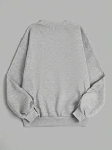 SHEIN Unity 樱桃刺绣宽松圆领运动休闲卫衣，灰色花卉图案，带蝴蝶结，秋季套头衫 - 灰色 - 查看 2
