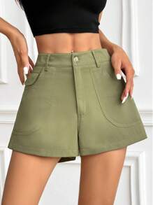 SHEIN Unity Solid Slant Pocket Shorts - Army Green - View 1
