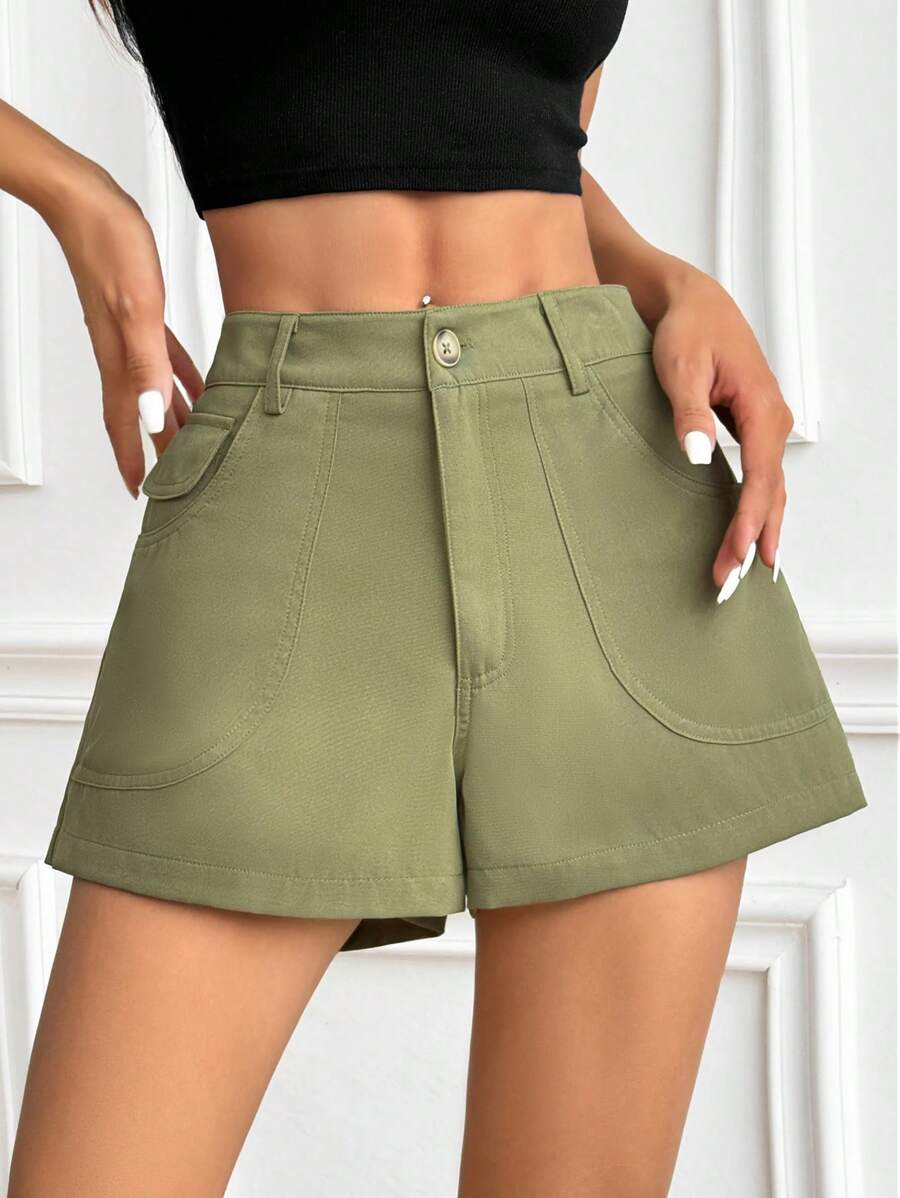 SHEIN Unity Solid Slant Pocket Shorts - Army Green - View 1