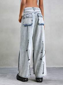 SHEIN ICON Women's Loose Fit Casual Denim Wide Leg Pants With Multiple Workwear Pockets Low Rise Straight Leg Jeans - Light Wash - View 2
