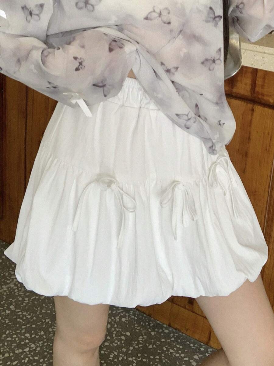 DAZY 夏季女士纯色蝴蝶结装饰松紧腰泡泡裙 - 白色 - 查看 1
