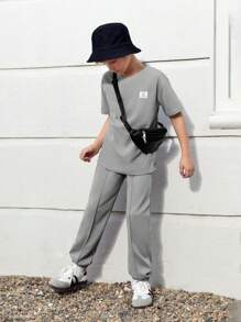 SHEIN Tween Boy Letter Patched Detail Tee & Joggers - Grey - View 4